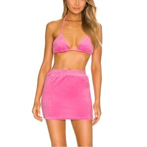 Revolve Superdown Jenny bra skirt pink velour set